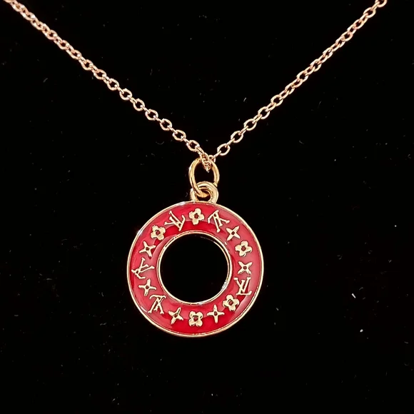 Upcycled Designer Brand Red and Gold Circle Pendant Necklace#27 - Picture 2 of 2